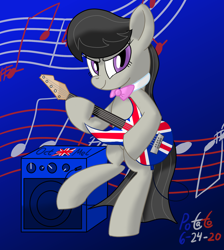 Size: 1526x1700 | Tagged: safe, artist:notadeliciouspotato, octavia melody, earth pony, pony, amplifier, atg 2020, background pony, bipedal, britavia, electric guitar, female, gradient background, guitar, mare, musical instrument, newbie artist training grounds, raised leg, signature, smiling, solo, union jack