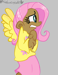 Size: 619x800 | Tagged: safe, artist:mirabuncupcakes15, fluttershy, human, clothes, dark skin, female, gray background, humanized, scared, shirt, simple background, skirt, solo, winged humanization, wings