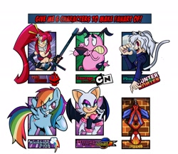 Size: 2048x1770 | Tagged: safe, artist:yellowcyann, rainbow dash, bat, dog, human, pegasus, pony, anthro, g4, anthro with ponies, bra, breasts, bust, catgirl, clothes, costume, courage (character), courage the cowardly dog, crossover, eye clipping through hair, female, fingerless gloves, gloves, grin, gun, hanging, hunter x hunter, male, mare, marvel comics, neferpitou, raised hoof, rouge the bat, scared, six fanarts, smiling, sonic the hedgehog (series), spider-man, tengen toppa gurren lagann, text, underhoof, underwear, weapon, yoko littner