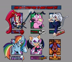 Size: 2048x1770 | Tagged: safe, alternate version, artist:yellowcyann, rainbow dash, bat, dog, human, pegasus, pony, anthro, g4, anthro with ponies, bra, breasts, bust, catgirl, clothes, costume, courage (character), courage the cowardly dog, crossover, eye clipping through hair, female, fingerless gloves, gloves, grin, gun, hanging, hunter x hunter, male, mare, marvel comics, neferpitou, raised hoof, rouge the bat, scared, six fanarts, smiling, sonic the hedgehog (series), spider-man, tengen toppa gurren lagann, text, underhoof, underwear, weapon, yoko littner