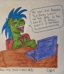 Size: 1574x1816 | Tagged: safe, artist:rapidsnap, oc, oc only, oc:rapidsnap, pony, equestria daily, computer, eyes closed, insanity, laptop computer, laughing, newbie artist training grounds, solo, traditional art