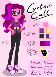 Size: 1800x2500 | Tagged: safe, artist:horsecat, oc, oc only, oc:curtain call, equestria girls, g4, color palette, cutie mark, glasses, hand on hip, name, pink skin, reference sheet, shoes, smiling, smirk, sneakers, solo