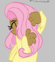 Size: 714x800 | Tagged: safe, artist:mirabuncupcakes15, fluttershy, human, clothes, dark skin, eyes closed, female, gray background, humanized, scared, shirt, simple background, solo, winged humanization, wings