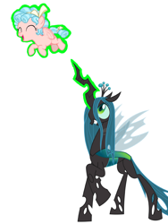 Size: 1536x2048 | Tagged: safe, artist:princessdestiny200i, cozy glow, queen chrysalis, pegasus, pony, g4, cozybetes, cute, female, filly, freckles, glowing horn, grin, horn, levitation, magic, open mouth, raised hoof, simple background, smiling, telekinesis, tickle torture, tickling, white background