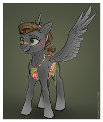 Size: 1272x1500 | Tagged: safe, artist:avirexiilunox, oc, oc only, oc:lichen trichum, pegasus, pony, 50's fashion, apron, bandaid, bandana, bob tail, brown hair, clothes, curly hair, curly tail, cute, female, gray, green eyes, housewife, mare, pegasus oc, solo, tiny horse, tiny mare, wings