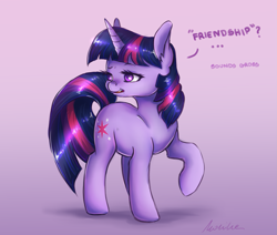 Size: 2361x2000 | Tagged: safe, artist:buttersprinkle, twilight sparkle, pony, unicorn, g4, dialogue, disgusted, ear fluff, eyelashes, female, high res, mare, purple background, simple background, solo, text, unicorn twilight
