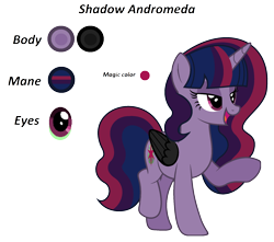 Size: 1916x1696 | Tagged: safe, artist:siriussentry, oc, oc only, oc:shadow andromeda, alicorn, pony, alicorn oc, horn, offspring, parent:king sombra, parent:twilight sparkle, parents:twibra, reference sheet, simple background, solo, transparent background, wings