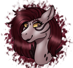 Size: 1058x1000 | Tagged: safe, artist:golden-risuto, oc, oc only, oc:emala jiss, hybrid, pony, zony, bust, feather, portrait, red and black oc, simple background, solo, transparent background, witch, yellow sclera, zebra markings