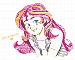 Size: 1095x875 | Tagged: safe, artist:mickncheese, sunset shimmer, equestria girls, g4, blushing, clothes, female, marker drawing, shirt, sketch, smiling, solo, t-shirt, traditional art