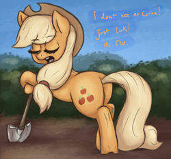 Size: 1565x1450 | Tagged: safe, artist:t72b, derpibooru exclusive, applejack, earth pony, pony, g4, applebutt, applejack's hat, atg 2020, bipedal, bipedal leaning, butt, cowboy hat, dialogue, eyes closed, female, flat earth, freckles, grammar error, hat, leaning, mare, newbie artist training grounds, open mouth, plot, rear view, shovel, solo