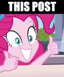 Size: 1075x1299 | Tagged: safe, edit, edited screencap, screencap, pinkie pie, equestria girls, g4, my little pony equestria girls: better together, the craft of cookies, caption, cropped, image macro, reaction image, text, thumbs up