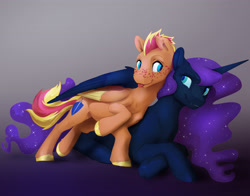 Size: 4200x3300 | Tagged: safe, artist:silfoe, nightmare moon, oc, oc:fireheart(fire), alicorn, pegasus, pony, g4, adopted offspring, adorkable, commission, cuddling, cute, dork, duo, female, freckles, hug, male, motherly love, silfoe is trying to murder us, tongue out, wholesome, winghug