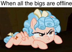 Size: 656x474 | Tagged: safe, edit, edited screencap, screencap, cozy glow, pegasus, pony, frenemies (episode), g4, angry, caption, cozy glow is not amused, cozybetes, cropped, cute, female, filly, image macro, implied diaper fetish, madorable, meme, pouting, pouty, pouty lips, prone, solo, text