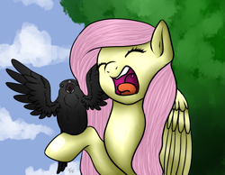 Size: 1365x1061 | Tagged: safe, artist:ponykittenboi, fluttershy, bird, crow, pegasus, pony, g4, caw, cloud, eyes closed, female, mare, open mouth, raised hoof, singing, spread wings, tongue out, tree, uvula, wings