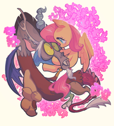 Size: 760x841 | Tagged: safe, artist:jirousan, discord, fluttershy, draconequus, pegasus, pony, g4, cute, duo, eye contact, female, flower, looking at each other, male, profile, simple background