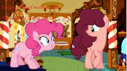 Size: 1280x718 | Tagged: safe, artist:estrellasentry, pinkie pie, oc, oc:cherry pie, earth pony, pony, g4, earth pony oc, female, mother and child, mother and daughter, offspring, parent:cheese sandwich, parent:pinkie pie, parents:cheesepie, sugarcube corner