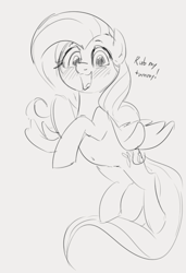 Size: 576x844 | Tagged: safe, artist:dotkwa, fluttershy, pegasus, pony, g4, blushing, cute, dialogue, female, flying, gray background, grayscale, happy, imminent belly rub, looking at you, monochrome, open mouth, shyabetes, simple background, smiling, solo, talking, talking to viewer