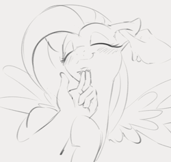 Size: 729x690 | Tagged: safe, artist:dotkwa, fluttershy, human, pegasus, pony, g4, :3, blushing, bust, chin scratch, cute, disembodied hand, ear rub, ear scratch, female, gray background, grayscale, hand, happy, human on pony petting, human on pony snuggling, monochrome, petting, scratching, shyabetes, simple background, smiling, snuggling, spread wings, wings