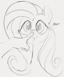 Size: 523x626 | Tagged: safe, artist:dotkwa, fluttershy, human, pegasus, pony, g4, :3, :o, boop, cute, dialogue, disembodied hand, female, gray background, grayscale, hand, happy, looking at you, monochrome, open mouth, scrunchy face, shyabetes, simple background, smiling, talking, talking to viewer