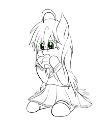 Size: 2924x3386 | Tagged: safe, artist:wapamario63, earth pony, pony, chocolate coronet, clothes, cute, eating, female, food, high res, izumi konata, lineart, lucky star, mare, ponified, request, school uniform, sitting, skirt, solo