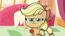 Size: 1920x1080 | Tagged: safe, screencap, applejack, earth pony, pony, g4.5, my little pony: pony life, the trail less trotten, apple, applejack is not amused, female, food, frown, glare, grumpy, looking at you, mare, narrowed eyes, solo, unamused