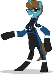 Size: 1280x1785 | Tagged: safe, artist:mlp-trailgrazer, oc, oc only, oc:thespio, pony, unicorn, bipedal, fantastic four, glasses, male, reed richards, simple background, solo, stallion, transparent background