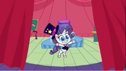 Size: 1231x693 | Tagged: safe, screencap, rarity, pony, unicorn, disappearing act, g4.5, my little pony: pony life, hat, magic act, magic wand, magician, magician outfit, magician rarity, stage, top hat