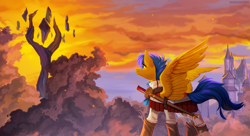 Size: 1988x1080 | Tagged: safe, artist:margony, derpibooru exclusive, oc, oc only, oc:crushingvictory, pegasus, pony, castle, clothes, looking at something, male, pegasus oc, smiling, spread wings, stallion, sunset, sword, weapon, wings
