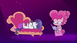 Size: 1920x1080 | Tagged: safe, screencap, pinkie pie, rarity, earth pony, pony, unicorn, bad thing no. 3, g4.5, my little pony: pony life, fainting couch, glasses, notepad, reading glasses