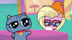 Size: 1920x1080 | Tagged: safe, screencap, bubbles cherub mcsquee, buttershy, cat, pegasus, pony, cute-pocalypse meow, g4.5, my little pony: pony life, beanie, female, glasses, hat, hipster, mare, tablet