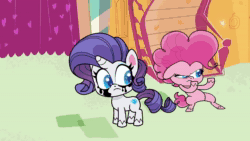 Size: 1920x1080 | Tagged: safe, screencap, gummy, pinkie pie, rarity, alligator, earth pony, pony, unicorn, bad thing no. 3, g4.5, my little pony: pony life, animated, apple, baguette, basket, bipedal, bread, crying, fainting couch, female, food, mare, sound, tongue out, webm