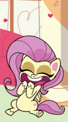 Size: 520x930 | Tagged: safe, screencap, fluttershy, pegasus, pony, g4.5, my little pony: pony life, the trail less trotten, animated, cropped, eyes closed, female, floating heart, gif, heart, loop, open mouth