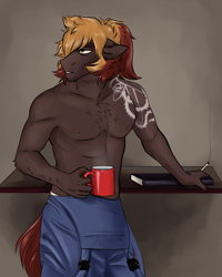 Size: 1598x2000 | Tagged: safe, artist:jeshh, oc, oc only, oc:coal train, anthro, cigarette, clothes, coffee mug, male, mug, overalls, partial nudity, smoking, solo, tattoo, topless