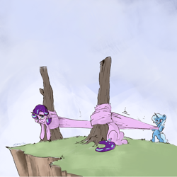 Size: 2000x2000 | Tagged: safe, artist:rigbyh00ves, starlight glimmer, trixie, pony, unicorn, g4, cliff, elastic, female, flexible, frown, high res, long glimmer, long pony, looking at you, mare, newbie artist training grounds, open mouth, sad, slingshot, smiling, stretchy, this will end in tears, this will end in tears and/or death and/or covered in tree sap, tree, wat, why