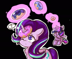 Size: 1963x1595 | Tagged: safe, artist:yilo, starlight glimmer, twilight sparkle, alicorn, pony, unicorn, g4, black background, chest fluff, confused, cute, donut, duo, duo female, eye clipping through hair, female, food, glowing horn, horn, magic, magic aura, one eye closed, simple background, speech bubble, telekinesis, twilight sparkle (alicorn)