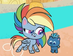 Size: 600x460 | Tagged: safe, screencap, rainbow dash, smallfry, earth pony, pegasus, pony, g4.5, my little pony: pony life, the best of the worst, colt, cropped, duo, lip bite, male, smol