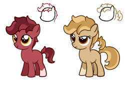 Size: 1100x768 | Tagged: safe, artist:deserter, derpibooru exclusive, oc, oc only, oc:peanut toffy, oc:raspberry toffy, earth pony, pony, blank flank, coat markings, explicit description, female, filly, fraternal twins, ponytail, raised eyebrow, scrunchie, short hair, short tail, simple background, socks (coat markings), twins, white background