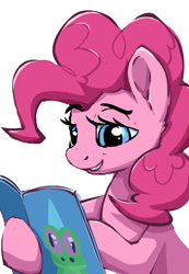 Size: 748x1080 | Tagged: safe, artist:anonymous, gummy, pinkie pie, earth pony, pony, g4, 4chan, chuckle, drawthread, female, hoof hold, magazine, mare, meme, ponified, ponified meme, reaction image, sensible chuckle, simple background, smiling, solo, white background
