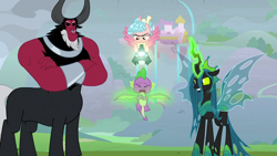 Size: 1280x720 | Tagged: safe, screencap, cozy glow, lord tirek, queen chrysalis, spike, alicorn, centaur, changeling, changeling queen, dragon, pony, g4, the ending of the end, alicornified, bell, comments more entertaining, coward, cozycorn, desperate, discussion in the comments, female, frown, grogar's bell, pain, poor spike, race swap, smiling, spikeabuse, threat, torture, wing pull, winged spike, wings