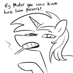 Size: 2250x2250 | Tagged: safe, artist:tjpones, oc, oc only, pony, unicorn, cigarette, dialogue, female, high res, looking at you, mare, monochrome, simple background, solo, white background