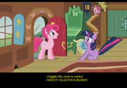 Size: 1024x714 | Tagged: safe, artist:trotsworth, pinkie pie, twilight sparkle, earth pony, pony, unicorn, comic:wrong spell, g4, bubble berry, open door, rule 63, shocked, smiling, unicorn twilight