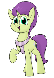 Size: 1366x1954 | Tagged: safe, artist:moonatik, oc, oc only, oc:sky spark, pony, unicorn, clothes, commission, female, horn, looking at you, mare, raised hoof, scarf, simple background, smiling, solo, transparent background, unicorn oc