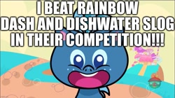 Size: 1241x695 | Tagged: safe, edit, edited screencap, screencap, smallfry, pony, g4.5, my little pony: pony life, the best of the worst, caption, excessive exclamation marks, image macro, imgflip, implied dishwater slog, implied rainbow dash, op is a duck, op is trying to start shit, open mouth, sugarcube corner, text, treehouse logo, winner, worst pony