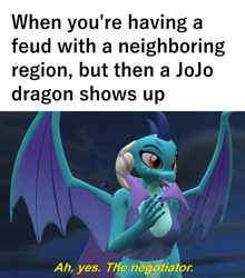 Size: 1581x1800 | Tagged: safe, artist:papadragon69, princess ember, dragon, anthro, g4, 3d, breasts, caption, clothes, dialogue, dragoness, female, image macro, implied spike, lizard breasts, meme, ponified meme, short shirt, small breasts, solo, source filmmaker, star wars, text, the negotiator