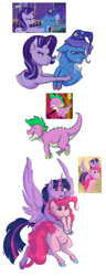 Size: 1727x4486 | Tagged: safe, artist:shimazun, pinkie pie, spike, starlight glimmer, trixie, twilight sparkle, alicorn, dragon, earth pony, pony, unicorn, friendship is magic, g4, my little pony: the movie, to where and back again, chest fluff, colored claws, colored hooves, ear fluff, female, hat, heart eyes, hoof fluff, male, mare, narrowed eyes, nightcap, scene interpretation, trixie's nightcap, twilight sparkle (alicorn), wingding eyes