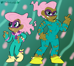 Size: 800x723 | Tagged: safe, artist:mirabuncupcakes15, fluttershy, saddle rager, human, g4, power ponies (episode), alternate hairstyle, angry, boots, buff, clothes, dark skin, female, fingerless gloves, flutterhulk, gloves, gritted teeth, humanized, mask, muscles, power ponies, shoes, solo, torn clothes