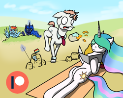 Size: 750x600 | Tagged: safe, artist:tunrae, princess celestia, princess luna, rainbow dash, oc, unnamed oc, alicorn, pegasus, pony, unicorn, g4, beach, cucumber monocle, dune, female, hoofbump, horn, juice, male, orange juice, patreon, patreon logo, prank, sandcastle, spill, spilled drink, sunbathing, tanning mirror, this will end in tears and/or a journey to the moon, tripwire, unicorn oc