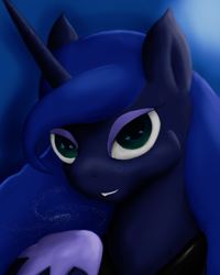 Size: 2400x3000 | Tagged: safe, artist:tunrae, princess luna, alicorn, pony, g4, bust, ethereal mane, eyeshadow, female, galaxy mane, high res, looking at you, makeup, portrait, smiling, solo