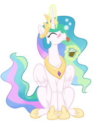 Size: 2323x3000 | Tagged: safe, artist:kalyandra, princess celestia, alicorn, pony, g4, :p, blushing, cup, cute, cutelestia, drunk, drunklestia, eyes closed, female, glowing, glowing horn, high res, horn, magic, magic aura, mare, simple background, sitting, smiling, solo, telekinesis, tongue out, white background