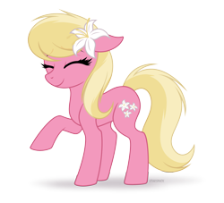 Size: 2865x2601 | Tagged: safe, artist:starshade, lily, lily valley, earth pony, pony, g4, cute, eyes closed, female, floppy ears, flower, flower in hair, full body, high res, mare, raised hoof, simple background, smiling, solo, transparent background